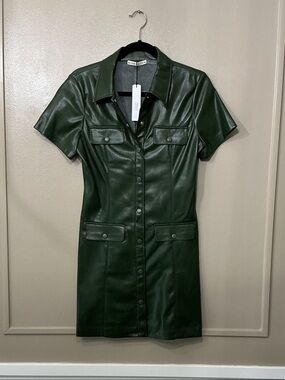 Alice + Olivia Dark Green Faux Leather Button Mini Dress